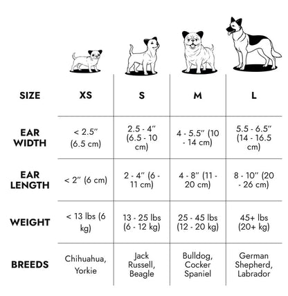 Size chart with breed and measurements
